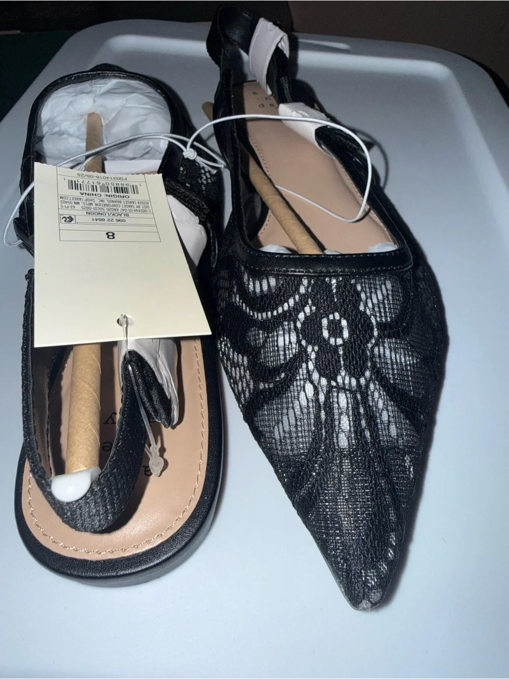 Black Lace Pointed Toe Slingback Flats - Women's Size 8